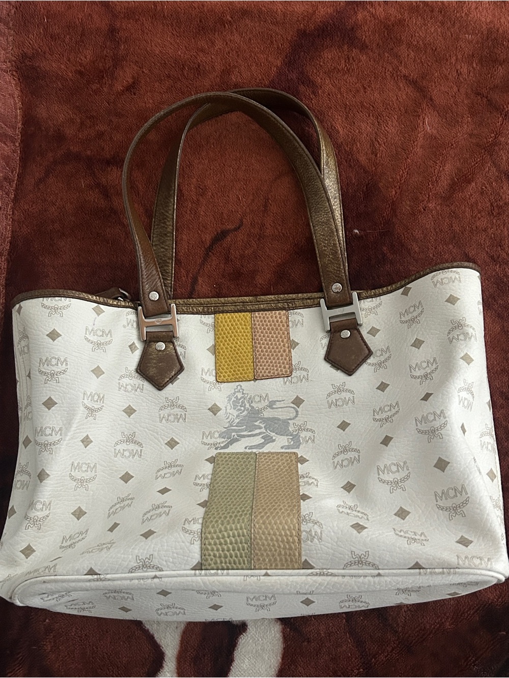 MCM White Monogram Princess Lion Shopper Tote